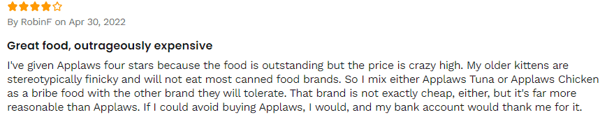 Customer negative review of applaws cat food review