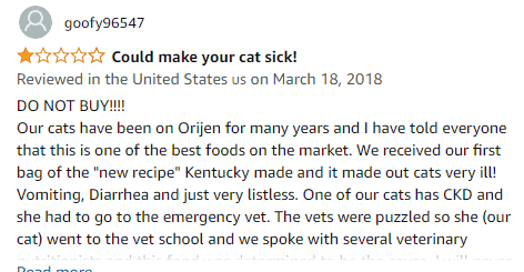 Orijen cat food negative reviews from customers